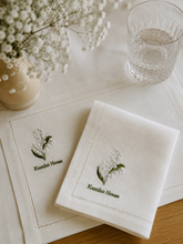 Load image into Gallery viewer, Embroidered Lily of the valley Linen Napkin
