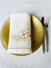 Ielādēt attēlu galerijas skatītājā, Embroidered linen napkins with gold and silver flowers, luxury wedding table decor, sustainable linen table textiles