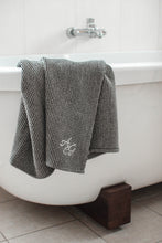 Load image into Gallery viewer, Give yourself or surprise a friend with a personalized, initial embroidered linen towel!
A delicate and soft waffle linen TOWEL is perfect for those with sensitive skin, for babies and children. Super absorbent, dries quickly and with a loop for easy hanging. Linen is naturally antimicrobial and allows for easy airflow ensuring your towels dry quicker and stay free of mildew, germs or unpleasant odors.