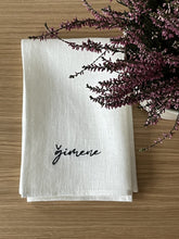 Load image into Gallery viewer, Linen napkins embroidered with MĪLESTĪBA, LAIME, ĢIMENE, PRIEKS, MĀJA, SATICĪBA, set of 6