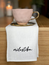Load image into Gallery viewer, Linen napkins embroidered with MĪLESTĪBA, LAIME, ĢIMENE, PRIEKS, MĀJA, SATICĪBA, set of 6