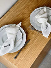 Load image into Gallery viewer, Linen napkins embroidered with MĪLESTĪBA, LAIME, ĢIMENE, PRIEKS, MĀJA, SATICĪBA, set of 6
