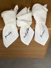 Load image into Gallery viewer, Linen napkins embroidered with MĪLESTĪBA, LAIME, ĢIMENE, PRIEKS, MĀJA, SATICĪBA, set of 6