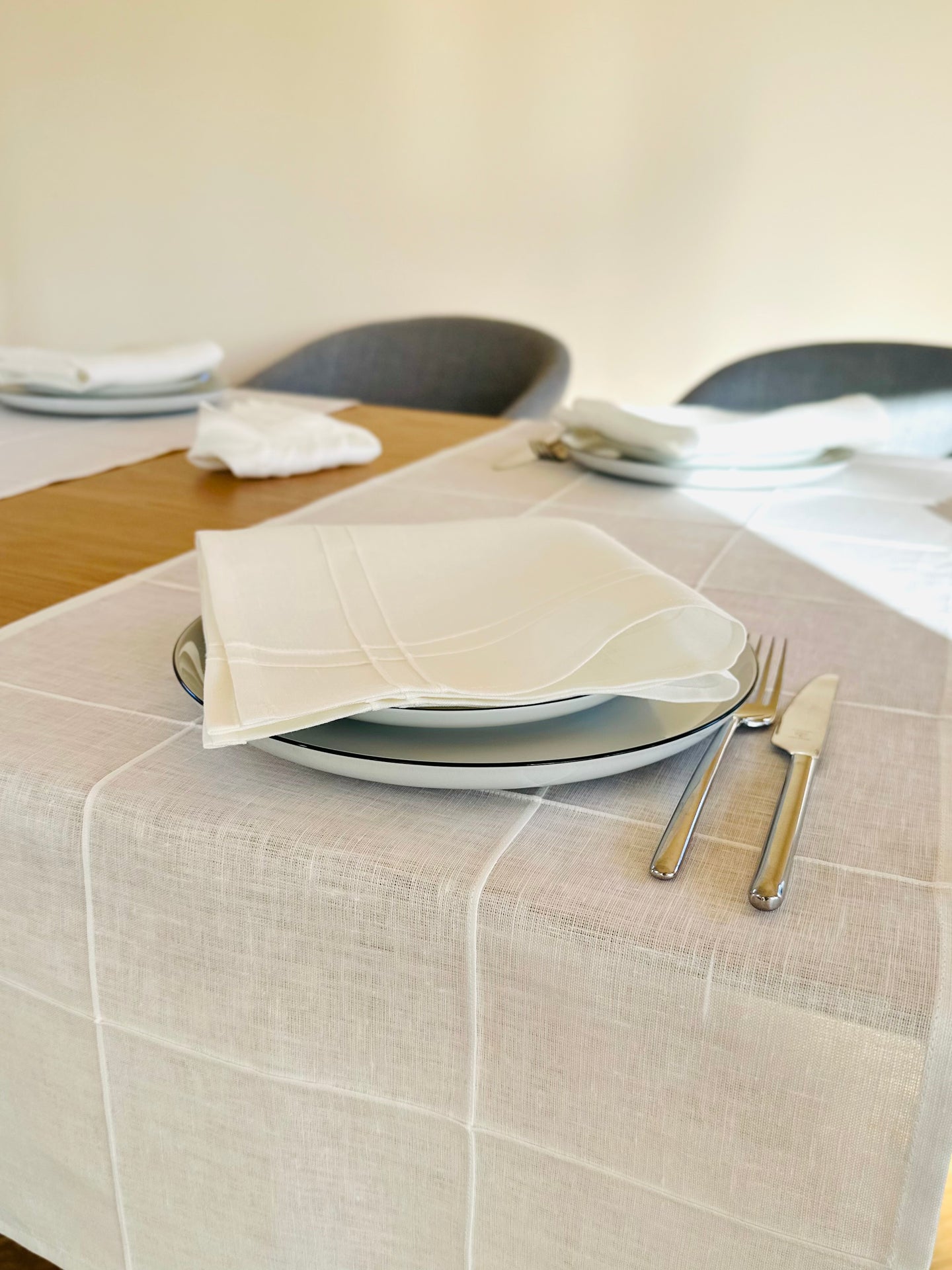 Pleated off white linen tablecloth