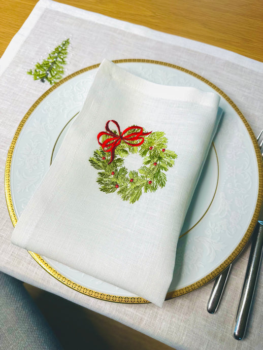 Christmas Tree Christmas Napkins | Christmas Wreath Embroidered Linen Napkins | Christmas Tablescape | Christmas gift - Hostess Gift 