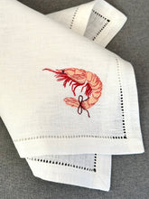 Ielādēt attēlu galerijas skatītājā, White linen napkin with embroidered shrimp design 
