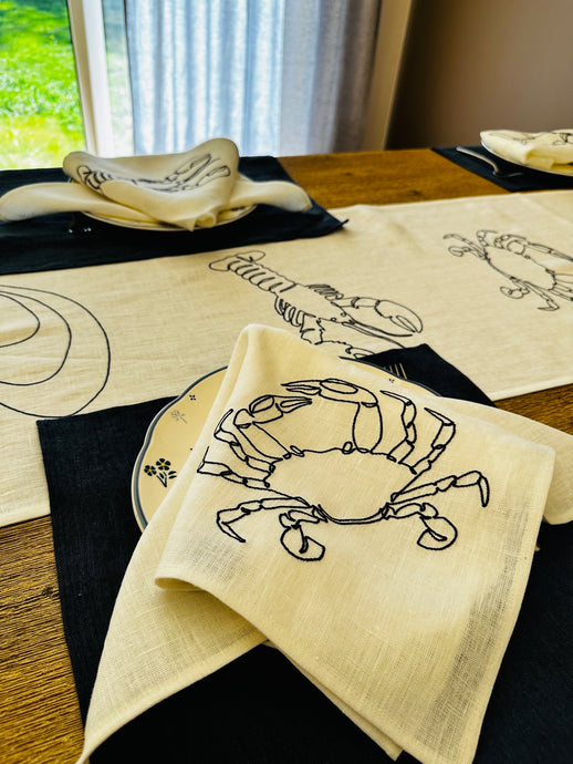 linen napkin with crab embroidery