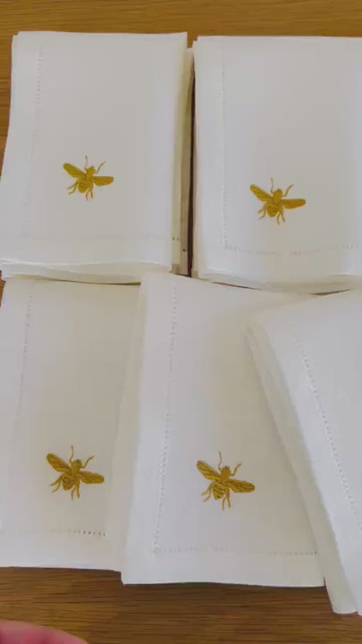 White Linen Napkin with Bee Embroidery