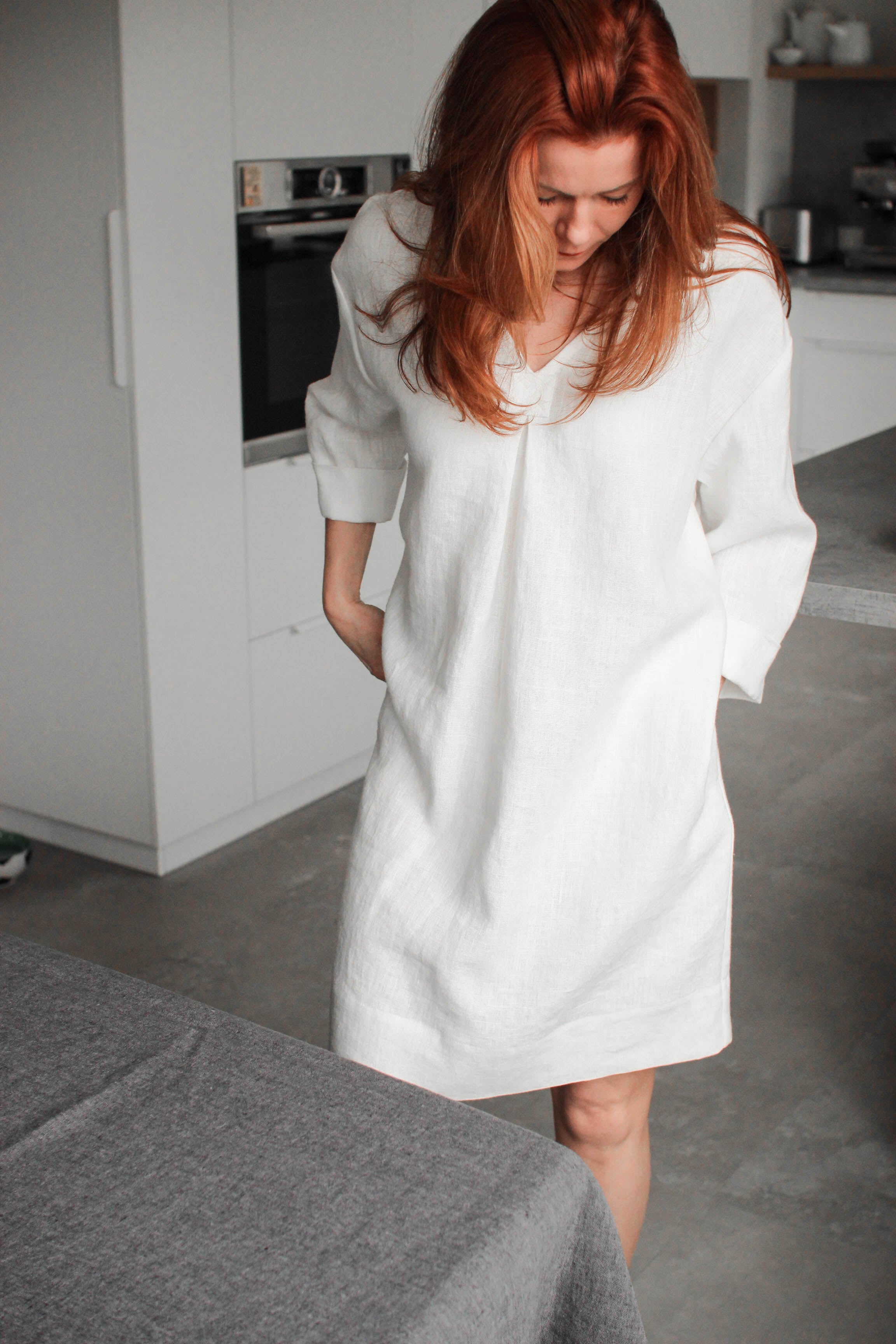 Linen V neck Tunic dress, White LinenTerritory Linen V neck Tunic dress, White LinenTerritory