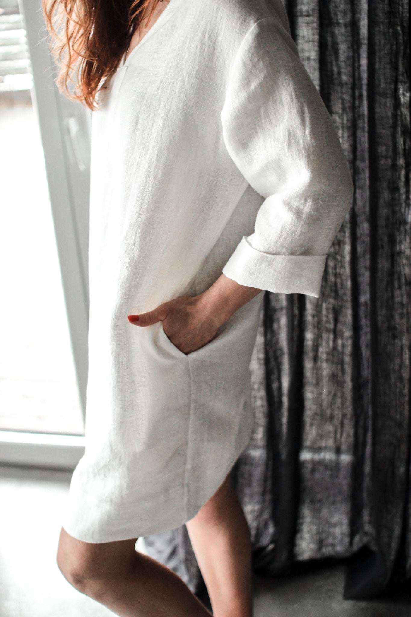 Linen V neck Tunic dress, White LinenTerritory Linen V neck Tunic dress, White LinenTerritory